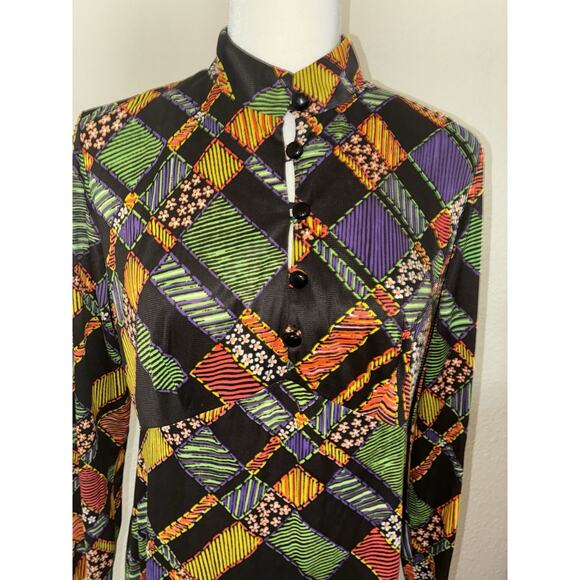 Vintage Polyester Dress Patchwork Zip No Designer Union Label S M High Neck Zip - Picture 2 of 15